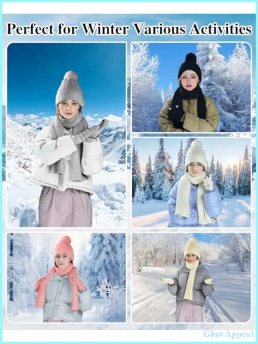 Winter Beanie Hat Scarf Gloves Set, Fleece Lined Knit Pompom Touchscreen